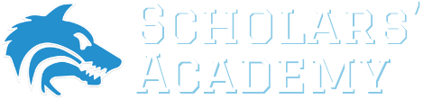 Scholars' Academy Logo with seawolf on the left side and school name on the right side with white text and light blue outline