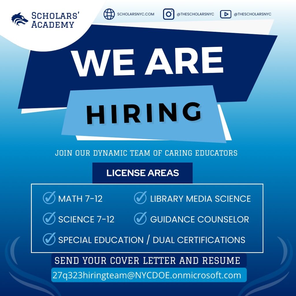 We are hiring! Send your cover letter and resume to 27q23hiringteam@NYCDOE.onmicrosoft.com