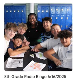 8th graders playing radio bingo at table