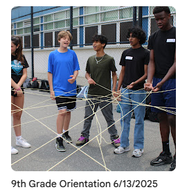 incoming 9th grade students doing team-building activity in yard