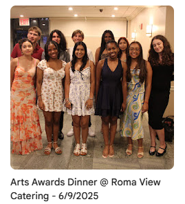 high school seniors posing for photo at arts awards dinner