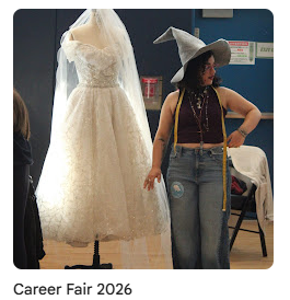 Career Fair presenter standing next to a wedding dress